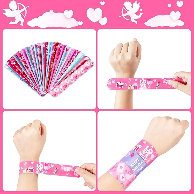 72 Pcs Valentines Day Slap Bracelets Wristbands Toys for Valentines Day Party Supplies Gifts for Kids Students Teens Adults Birthday Giveaways and Game Prizes School Supplies