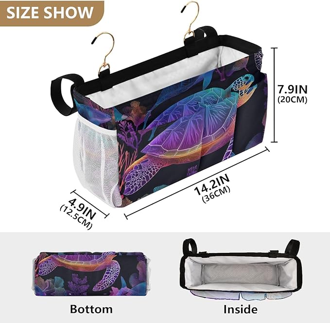 Colorful Gradient Turtle Fish and Coral Bedside Caddy for Dorm Bed Bedside Hanging Caddy Bag Iron Frame Storage Organizer Pocket for Bunk Home College Hospital Beds 2 Hooks