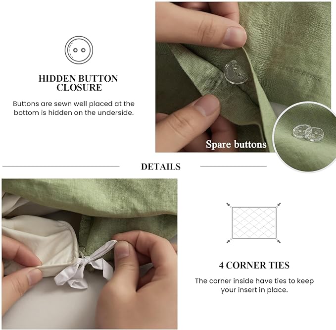 Simple&Opulence 100% Linen Duvet Cover Set, 3 PCS Natural French Flax Sage Green Ruffle Duvet Cover King Size, Breathable Comfy Linen Bedding Comforter Cover with 2 Pillowcases(Sage Green, 104" X 92")