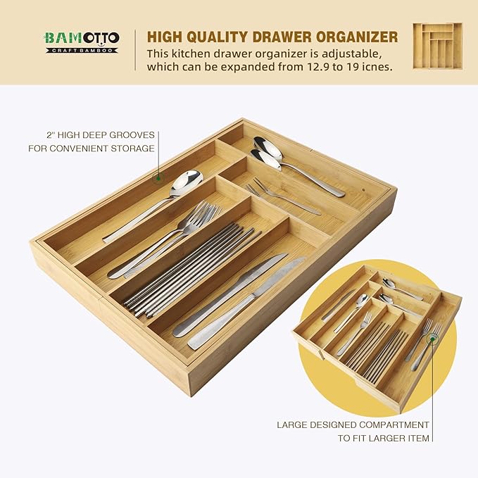 BAMOTTO CRAFTBAMBOO Expandable Bamboo Drawer Organizer – Large 20"x16.9" Size with Adjustable Dividers – for Kitchen Utensils, Knives, Cutlery, Flatware & Silverware Storage Tray