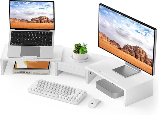 Dual Monitor Stand Riser - Computer Monitor Stand for 2 Monitors，Office Desktop Organizer，Adjustable Length and Angle 3 Shelf with Storage Drawer Phone Holder for Monitors and Laptops-White
