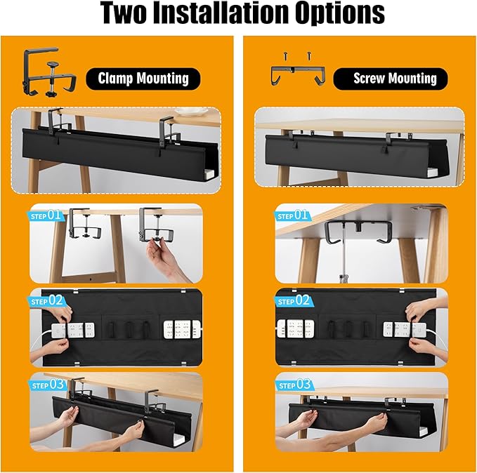 Oxford Cloth Under Desk Cable Management Tray,No-Drill 36" Desk Cable Management Organizer with Clip/Screw Installation,Fabric Cable Management for Home,Office & Gaming Computer(Black)