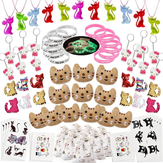 foci cozi 84 Pack Meow Cat Party Favors Supplies-Cat Necklaces,Bracelets, Keychains, Hair Clips, Tattoos,Brooch, Gift Bags Kids Girls Goodie Bags Birthday Party Supplies