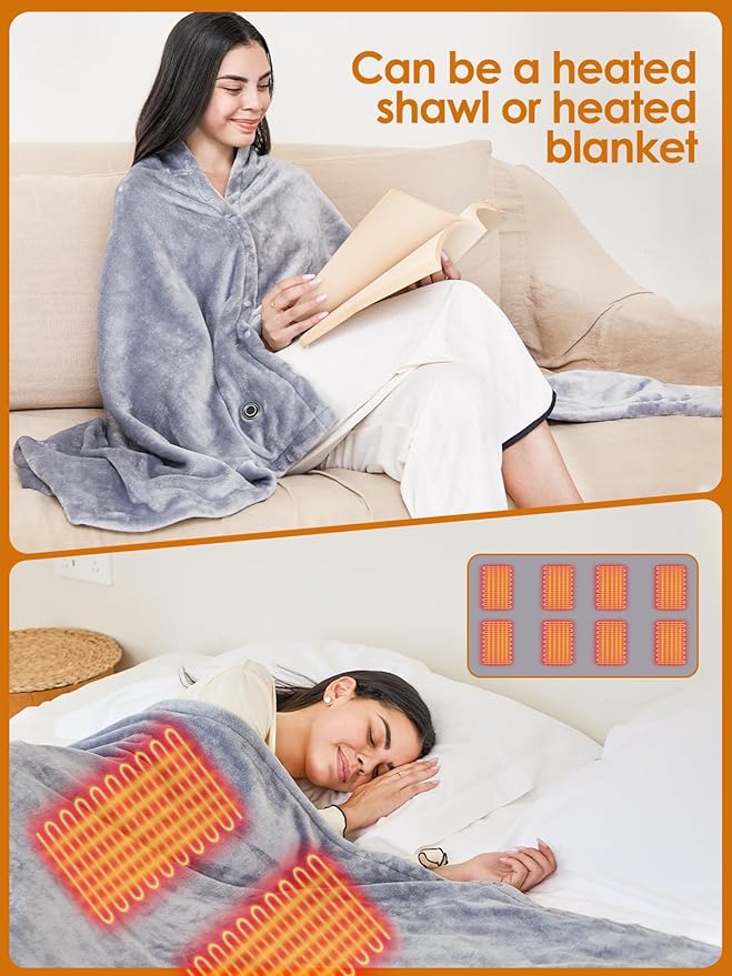 Bodami USB Heated Electric Blanket,with 10000mAh Power Bank,Cordless Portable Wearable Heated Throw Blanket,3 Heating Levels,8 Heating Zones,65''*34'' for Home,Travel and Camping