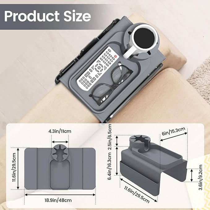 Couch Cup Holder Tray, Silicone Sofa Armrest organizer with Assesory Side Pockets for storage Remotes, Cell-phone,Tablet or Snack, Anti-Spill and Anti-Slip Couch Drink Holder Caddy(Gray)