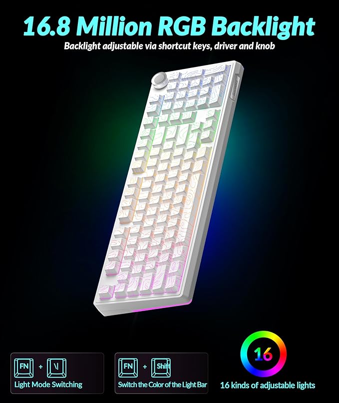 SOLAKAKA KI99 Pro 96% Wireless Mechanical Keyboard, RGB Gaming Keyboard, Hot-Swappable Pre-Lubed Switches, Gasket Structure Creamy Keyboards (Contour-Style White, Non-Silent Version)