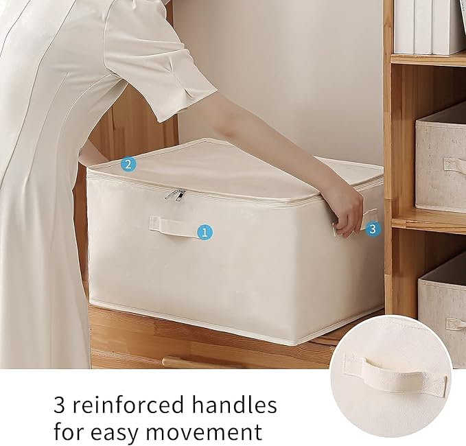 3-Pack Large Canvas Comforter Storage Bags for Clothes Sweater Clothes Organizer with Dual Zipper Three Carrying Handles for Blanket Closet Storage Container