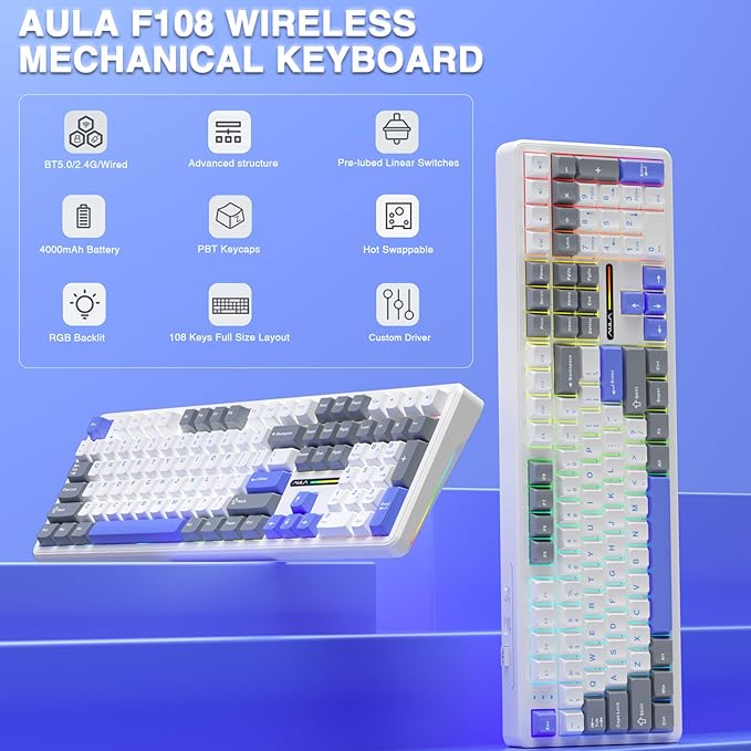 AULA F108 Wireless Mechanical Keyboard, BT5.0/USB-C/2.4GHz Hot Swappable Custom Gaming Keyboards, PBT Keycaps, Pre-lubed Switches, RGB Backlit Full Size Creamy Keyboard with Number Pad, 108 Keys