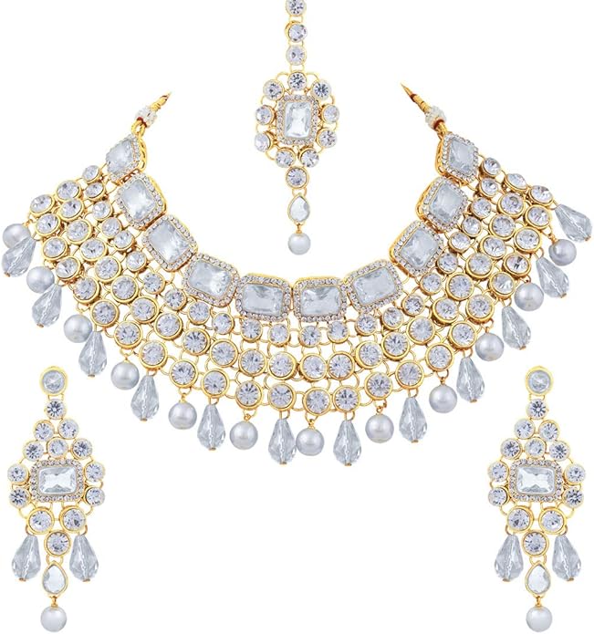 Aheli Kundan and Simulated Colored Stones Indian Ethnic Maang Tikka Necklace and Earrings Set Bollywood Festive Statement Jewelry Gift for Women