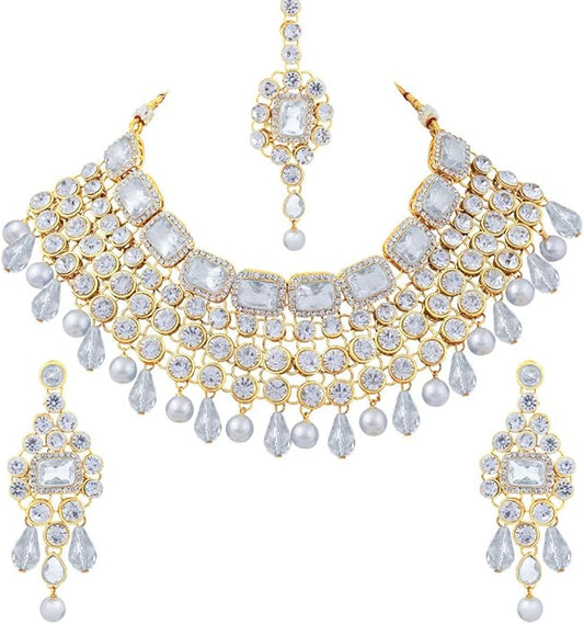 Aheli Kundan and Simulated Colored Stones Indian Ethnic Maang Tikka Necklace and Earrings Set Bollywood Festive Statement Jewelry Gift for Women