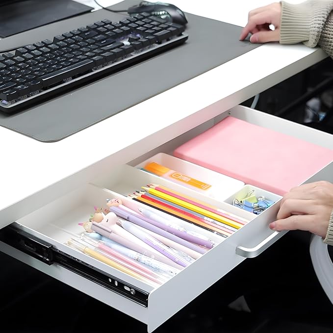 OSteed Under Desk Drawer White 21" with 4 Divider Trays, Under Shelf Pencil Drawer Pull-out, Standing Desk Metal Storage Attachment Slide Out for Workbench