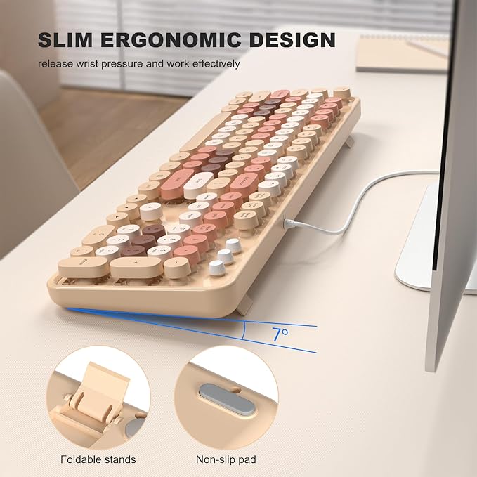 MOFII Wired Keyboard - Full Size USB Plug & Play, Colorful Retro Round Typewriter Keyboard with Foldable Stands for Windows PC Laptop (Milk Tea Colorful)