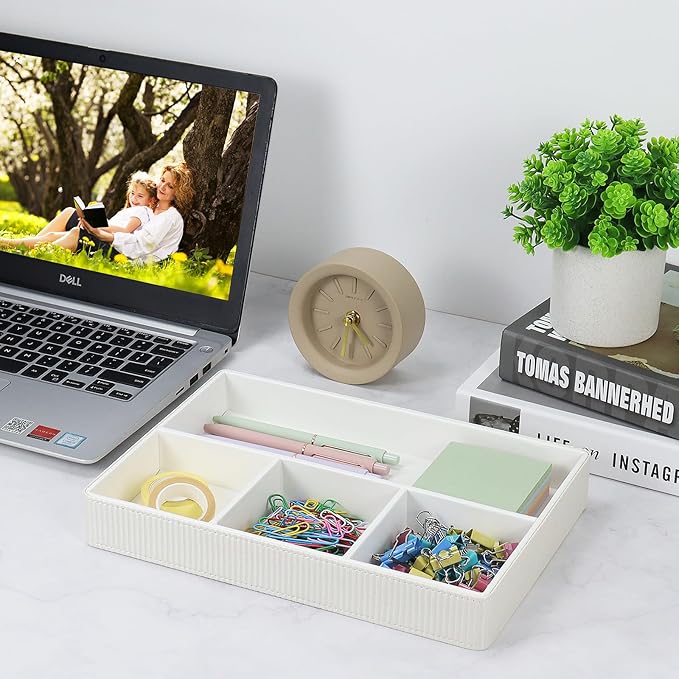 Buqoo PU Valet Storage Tray, Office Supplies Organizer, Stackable Desktop Organizer and Accessories Drawer Organizer for Storing Office Supplies, Jewelry, Cosmetics, White