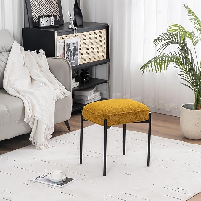 YOUNIKE Comfy Ottoman Vanity Stool Boucle Velvet Boho Small Foot Stool Tufted Upholstered Makeup Chair with Metal Legs Fabric Cute Vanity Bench for Bedroom Living Dressing Room Ginger Yellow