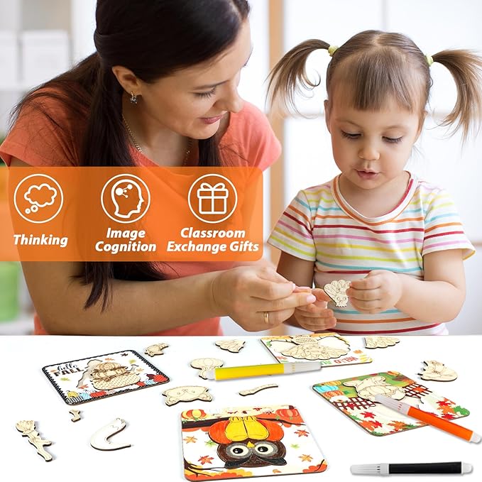 8 Pack Fall Thanksgiving Wooden Puzzles for Toddlers Autumn Puzzles Coloring Craft Kits for Kids Boys Girls Montessori Toys Harvest Party Favors Treat Bag Gifts Educational Learning Jigsaw Puzzle