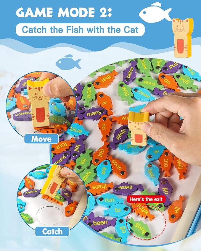 Anpro Wooden Magnetic Fishing Sight Words Game Learning, Alphabet Puzzle Flashcards Montessori Toys with 2 Play Modes, Homeschool Sight Word Educational Toy for Preschool 3 4 5 Year Old Kids