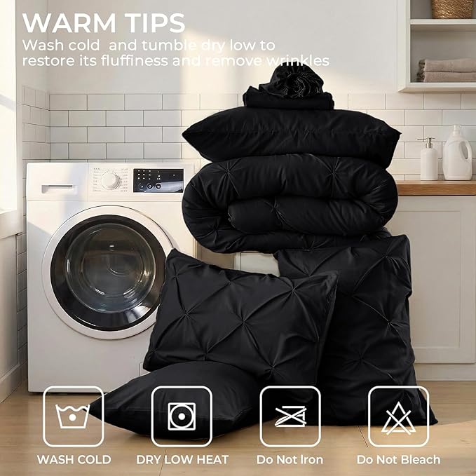 Sasttie King Size Comforter Set, 7-Piece Bed in a Bag, Pintuck Bedding Set for All Season, Includes Comforter, Flat Sheet, Fitted Sheet, Pillowcases and Pillowshams, Black