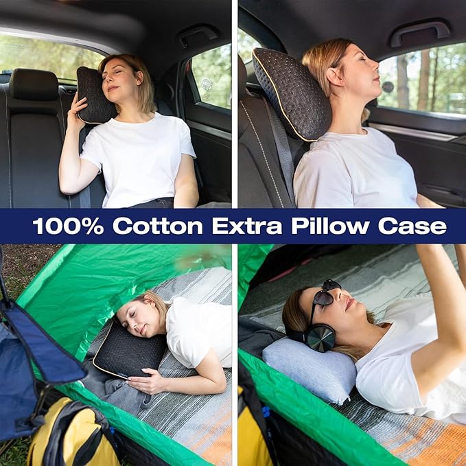 alkamto Travel & Camping Comfortable Memory Foam Pillow – Easy to Carry Portable Bag – Temperature Regulating Pillow Case (Black + Extra Cover)