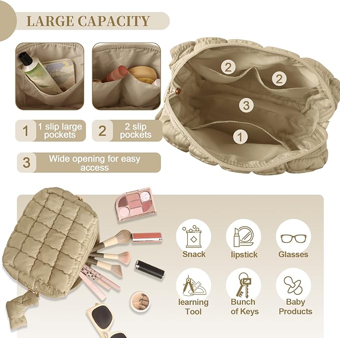 Puffer Quilted Makeup Bag Cosmetic Bags,Puffy Travel Toiletry Pouch for Women,Cute Checkered Zipper Bag Travel Essential,Portable Aesthetic Make up Organizer Bag for Gifts Work Daily(Khaki,M)