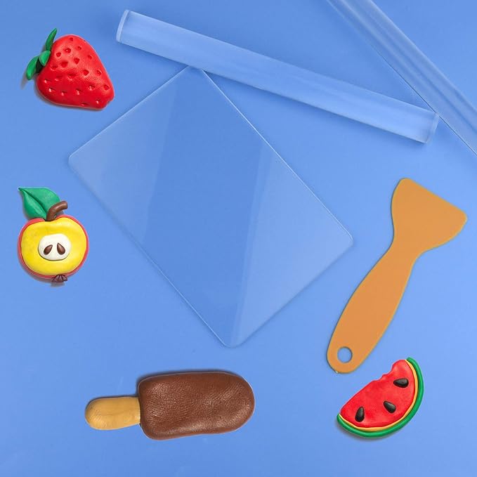 5 Pieces Polymer Clay DIY Tool, Marrywindix Acrylic Clay Roller with Acrylic Sheet Backing Board Plastic Scraper Assisted Shovel Rubber Clay Tools Molds for Shaping and Sculpturing Modelling