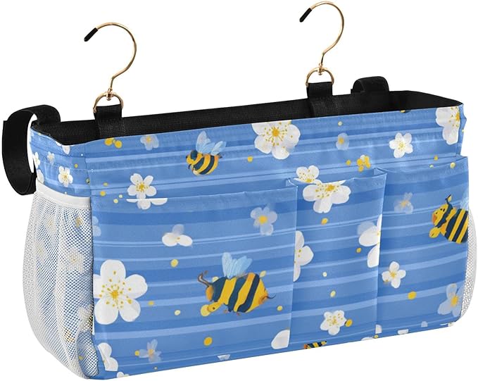 Blue Striped Sakura Bees Bedside Caddy for Dorm Bed Bedside Hanging Caddy Bag Iron Frame Storage Organizer Pocket for Bunk Home College Hospital Beds 2 Hooks