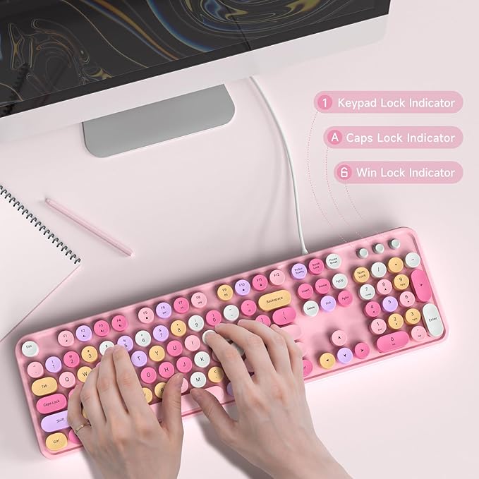Computer Keyboard Wired, Plug and Play USB Retro Round Typewriter Keyboard, Full Size Wired Keyboard with Foldable Stands for Laptop and Office PC- Pink Colorful