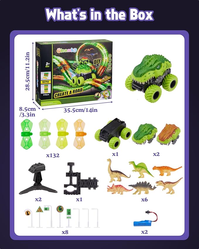 Magic Car Track Set, 154PCS Glow Race Track, Flexible Race Car Tracks, Dinosaur Train Set Glow in The Dark, Race Tracks for Kids Ages 3-8, Toddlers Birthday Gifts, for Kids