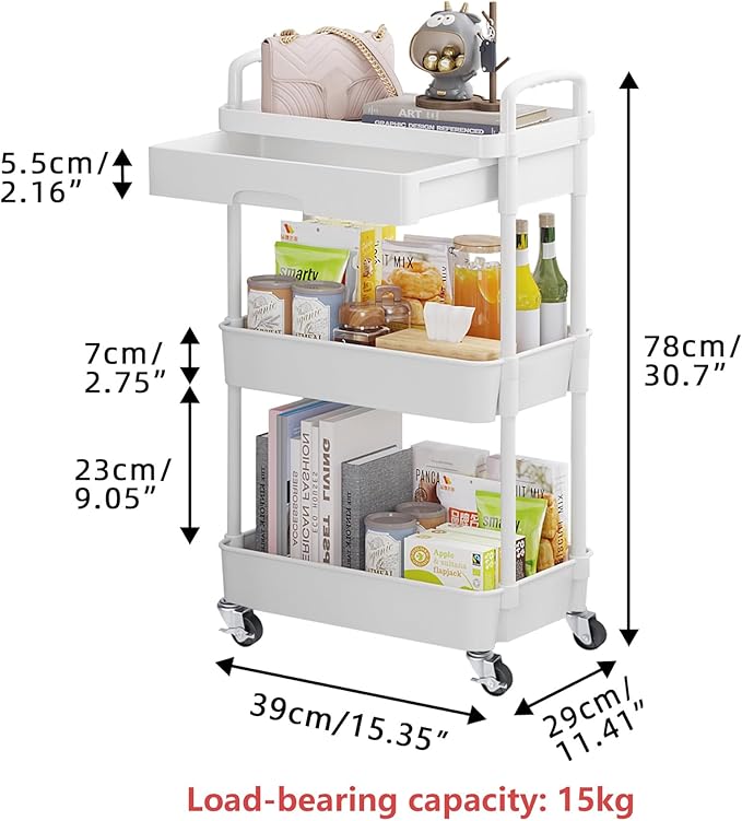 Calmootey 3-Tier Rolling Utility Cart with Drawer,Multifunctional Storage Organizer with Plastic Shelf & Metal Wheels,Storage Cart for Kitchen,Bathroom,Living Room,Office,White