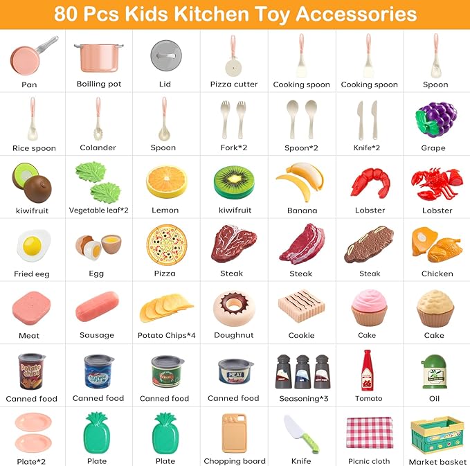 80Pcs Kitchen Playset, Toddler Pretend Cooking with Pots, Pans, Cookware, Food, Picnic Blanket, Fruits, Veges, Shopping Storage Basket, Dessert, Learning Gift for Girls Boys (Pink)