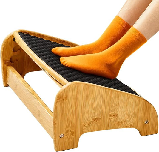 HUANUO Bamboo Under Desk Footrest, Ergonomic Foot Rest with 4 Height Options & Adjustable Angles, Pebble Massage Surface, Non-Slip Foot Rest for Under Desk at Work for Improved Posture, Home & Office