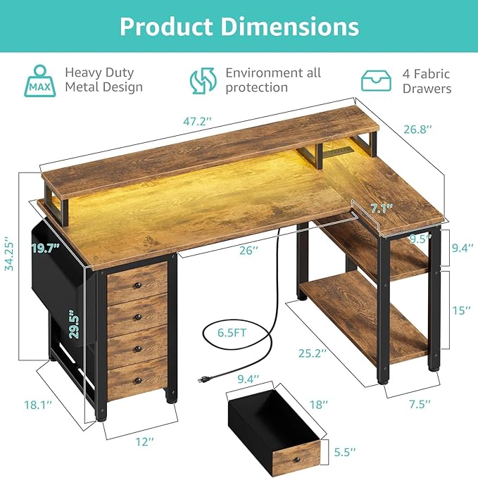 Lufeiya L Shaped Gaming Desk with Led Lights and Power Outlets, 47 Inch Corner Home Office Desk with Monitor Stand Shelves, Writing Study Computer Desks with Fabric Drawers for Bedroom, Rustic Brown