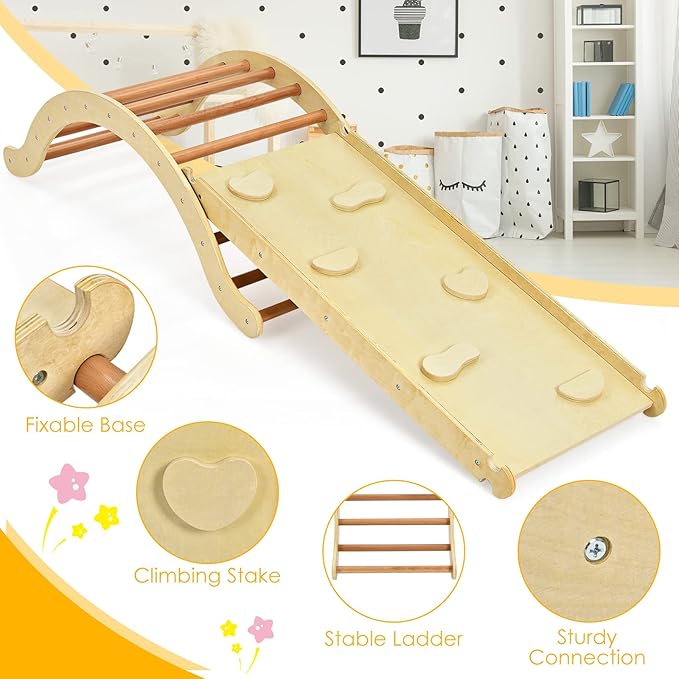 Costzon Climbing Toys for Toddlers, 3-in-1 Montessori Wooden Arch Climber Ladder Structure with Rock Climbing Ramp/Padding, Indoor Gym Learning Playset, Playground for Kids Gift