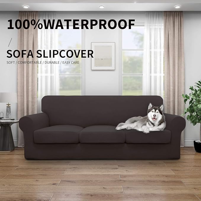 Easy-Going 100% Dual Waterproof Oversized Cover Stretch Soft Couch Cover for Dogs, Sofa Slipcover for 3 Separate Cushion Couch Leakproof Furniture Protector for Kids, Pets Chocolate
