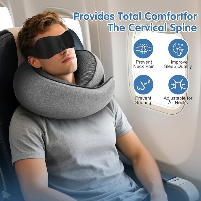 Vietora Eud Travel Neck Pillow, Memory Foam Neck Support for Airplane, Car & Office, Breathable Portable Design with Eye Mask, Earplug Holder & Carry Bag, for Christmas & New Year