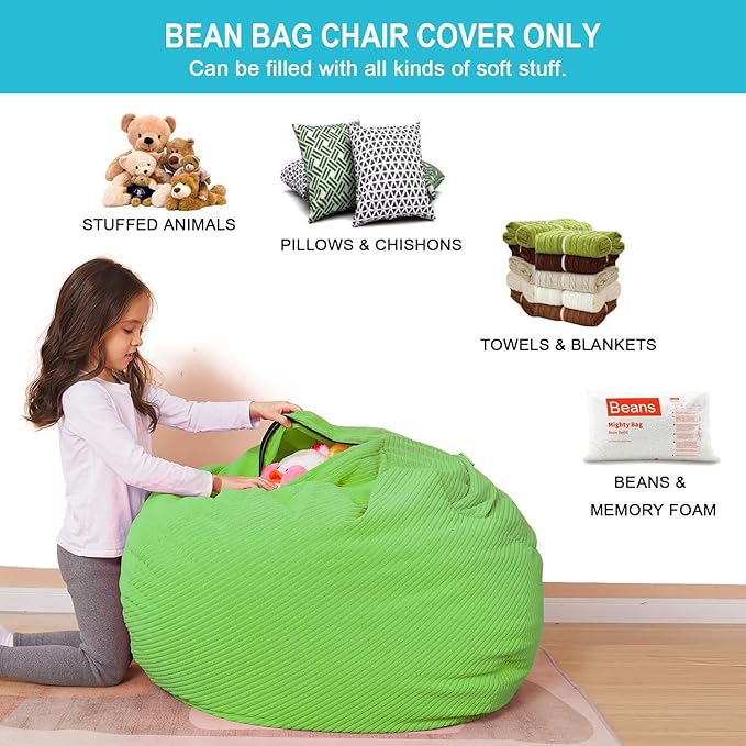 Stuffed Animal Storage Bean Bag Chair Cover for Kids, 38" Beanbag Chairs Cover Plush Toys Organizer Super Soft Corduroy with Handle and Zipper for Boys and Girls - Green