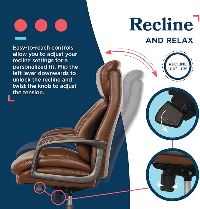 La-Z-Boy Nova Vegan Leather Modern Executive Ergonomic Design Office Chair, Memory Foam Thick Contoured Seat Back with Patented Lumbar Support Technology, Soft to Medium Sit Comfort, Cognac