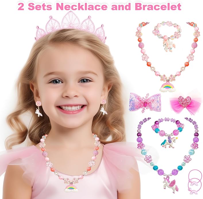 Jewelry Toys for Girls Toddler Lovely Rings Clip on Earrings Kids Necklace Bracelet Set Gift for Girls
