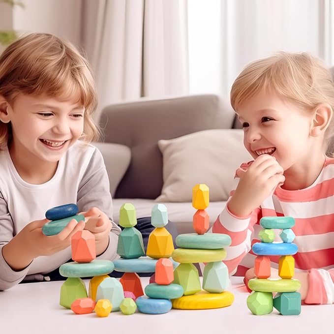 OESSUF Stacking Rocks 26Pcs Stacking Blocks Balancing Stacking Stones Wooden Building Toys Wood Stone Stacking Game for Toddler Sorting Preschool Educational Montessori Stacking Rocks for Kids