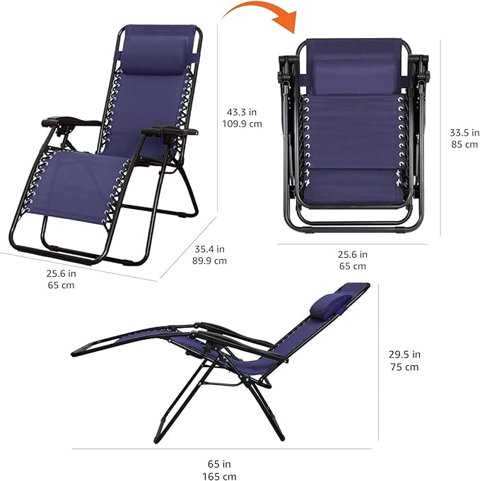 Amazon Basics Outdoor Patio Zero Gravity Lounge Chair with Pillow, Folding Reclining and Textilene Adjustable, Folding Lounge Lawn Chairs for Outside, 26", Blue