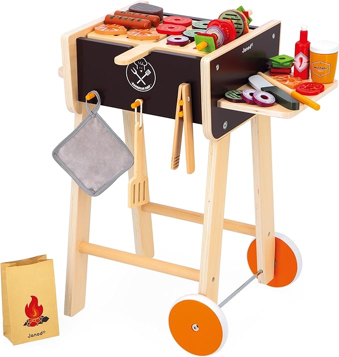 Janod - J06619 Wooden Barbecue - Imitation Kitchen and Dinette Toy for Children - 57 Accessories Included - 2 Silent Wheels - Ages 3 and Above