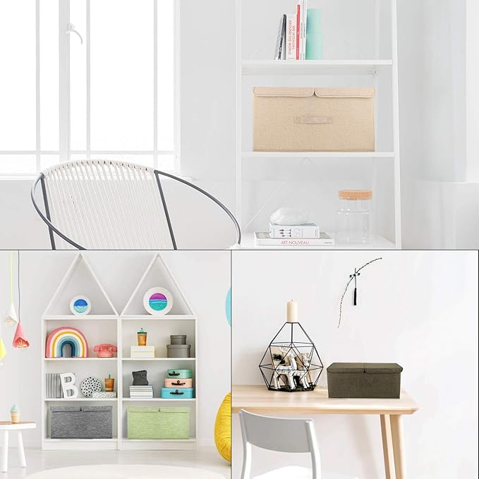2 Pack Storage Boxes with Lids and Handles, Collapsible Linen Storage Bins Organizer Containers Baskets Cube with Removable Divider for Home Bedroom Closet Office (Coffee, Small)