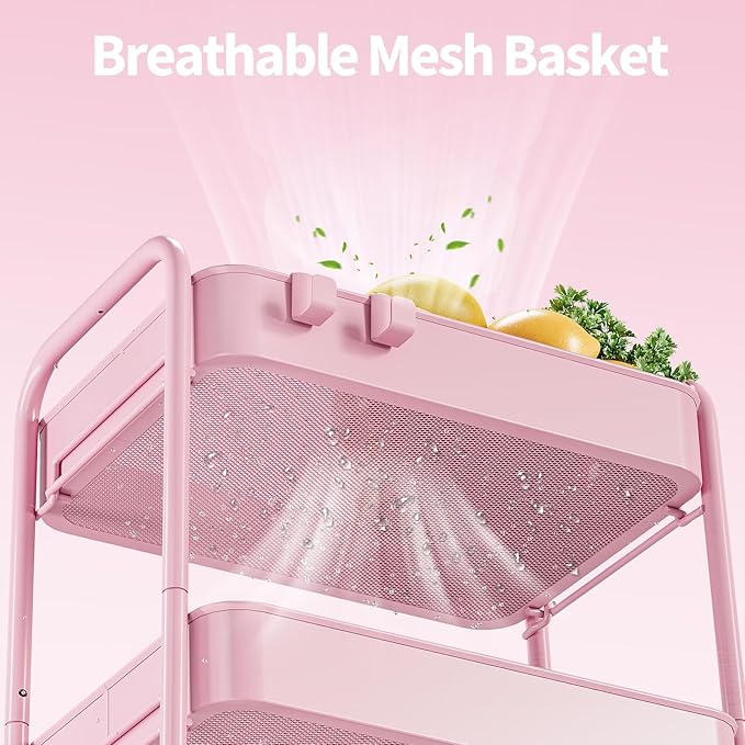 TOOLF 4-Tier Metal Rolling Cart with Wheels, Storage Utility Organizer Cart for Kitchen, Bathroom, Office, Baby Essentials & Makeup - Lockable Casters, Easy Assembly, Large Capacity, Pink