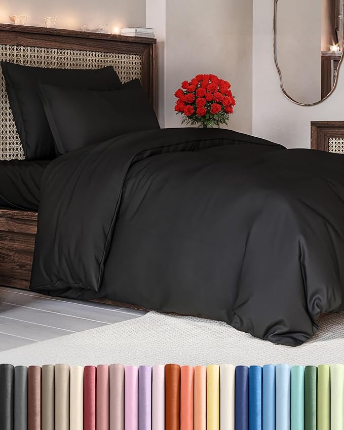 Duvet Cover Twin/Twin XL Size Set - Extra Soft Duvet Cover 68 x 90 with 1 Pillow Sham - Hotel Luxury, Easy Care and Fade Free with Zipper Closures & Ties - Comfy, Cozy Breathable Bedding Set (Black)