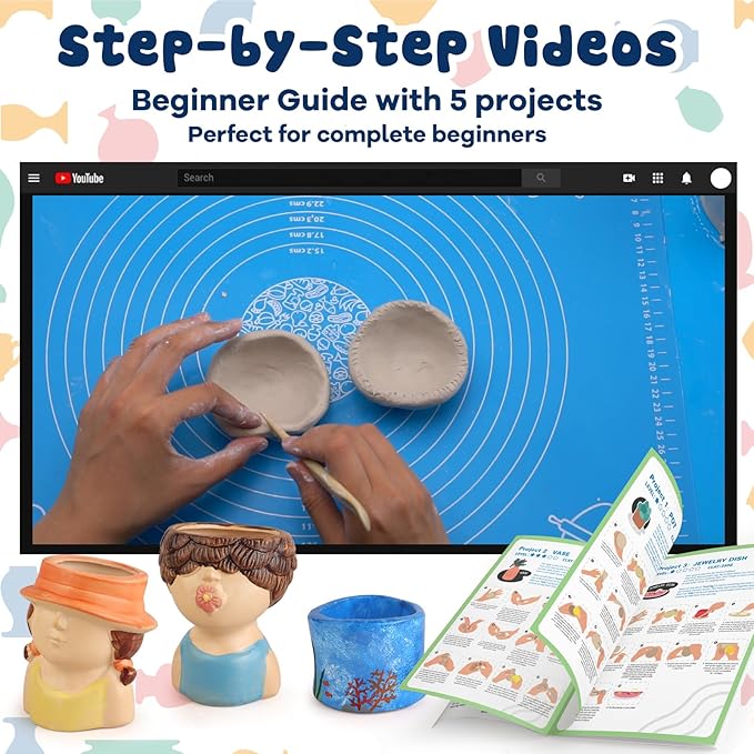 HEJIN Air Dry Clay Kit for Adults, 3.3Lbs Pottery Craft Kit for Beginners, Sculpting Tools Set & Step-by-Step Guide, 12 Paints, Paintbrush, Varnish, Sponge - Crafts for Adults for Birthdays Gift