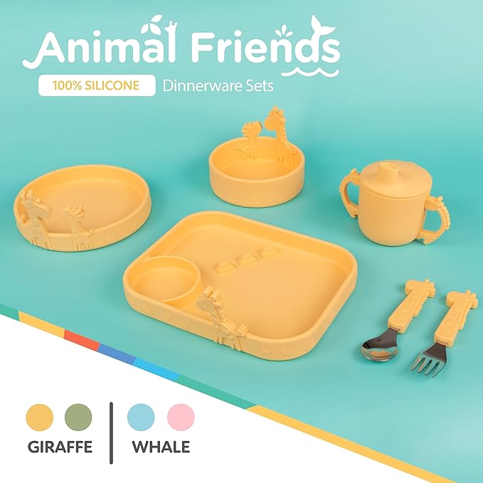Nuby Animal Friend Silicone Round Plate - Toddler Plate - 6+ Months - Yellow Giraffe Plate