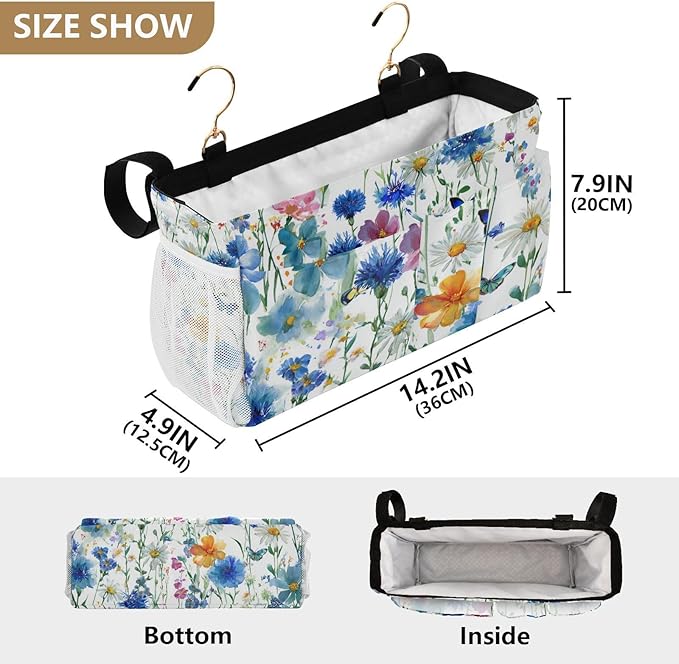 Watercolor Cornflower Daisy Bedside Caddy for Dorm Bed Bedside Hanging Caddy Bag Iron Frame Storage Organizer Pocket for Bunk Home College Hospital Beds 2 Hooks
