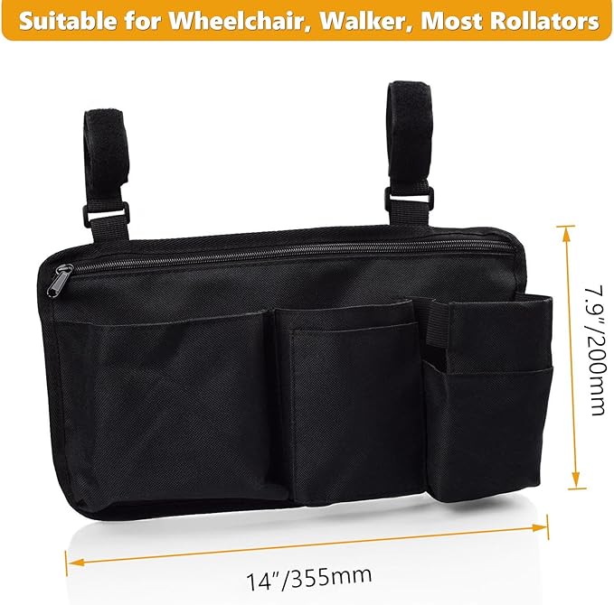 Wheelchair Side Bag with Cup Holder,Wheelchair Armrest Accessories Storage Pouch for Rollator，Walker，Power Wheelchairs，Nylon Walker Side Bag, Black