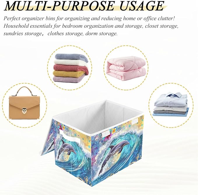 senya Large Storage Bins with Linen Collapsible Foldable Storage Cubes Fabric Closet Organizer Containers box with Flip-Top Lid for Home Bedroom Office 16.7 x 12.6 x 11.8in (Dolphin)