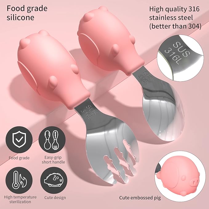Deejoy Toddler Utensils, Toddler Spoons and Forks, Stainless Steel Spoon Toddler Silverware Set, Kids Silverware Self Feeding Flatware Set with Travel Safe Case for Kids (Pink)