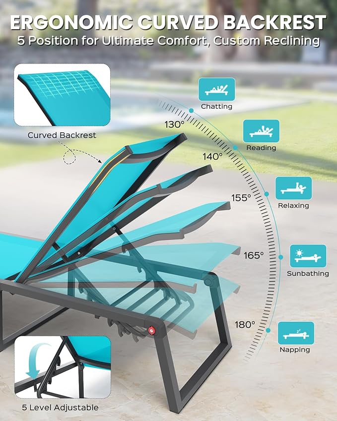 Aluminum Chaise Lounge Chair Outdoor, Foldable & Assembly Free Patio Pool Lounge Chairs 5-Position Recliner for Outside Poolside, Fully Grounded Legs Sun Lounger for Beach, Yard, Lake Blue